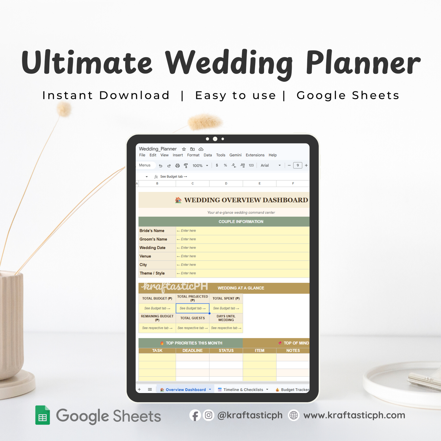 The Ultimate Wedding Planner - Google Sheets | Wedding Budget Tracker | Checklist | Guest List | Seating Chart