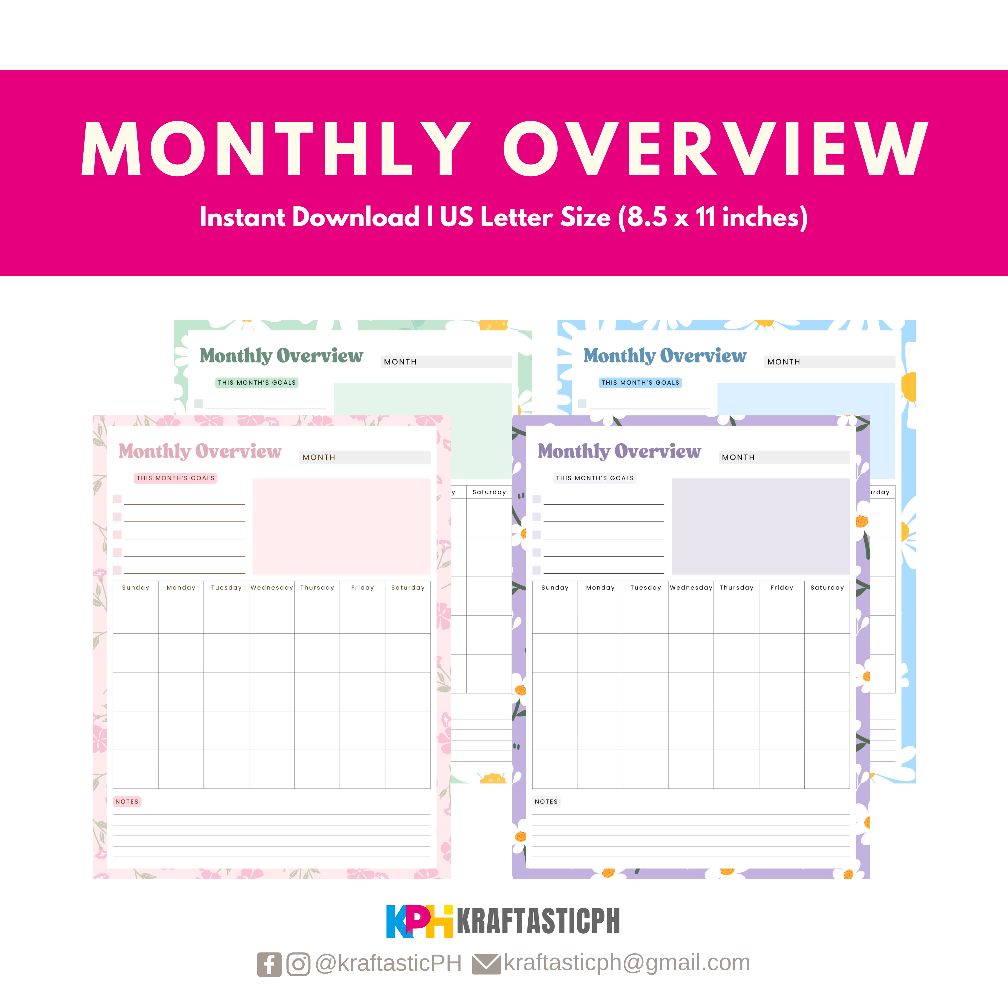 Monthly Overview Printable – 4 Color Variants | Letter Size PDF ...