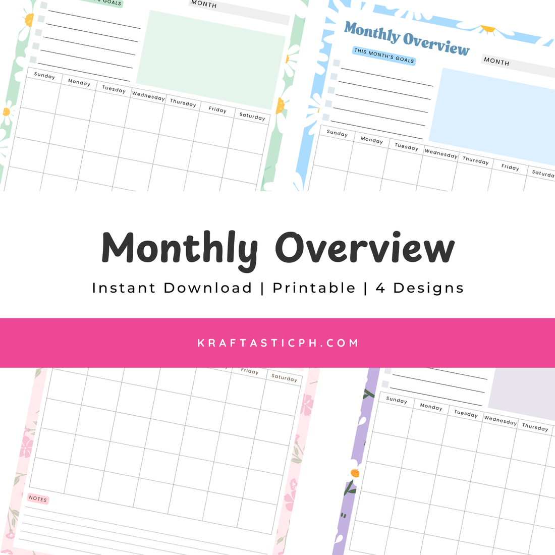 Monthly Overview Printable – 4 Color Variants | Letter Size PDF ...