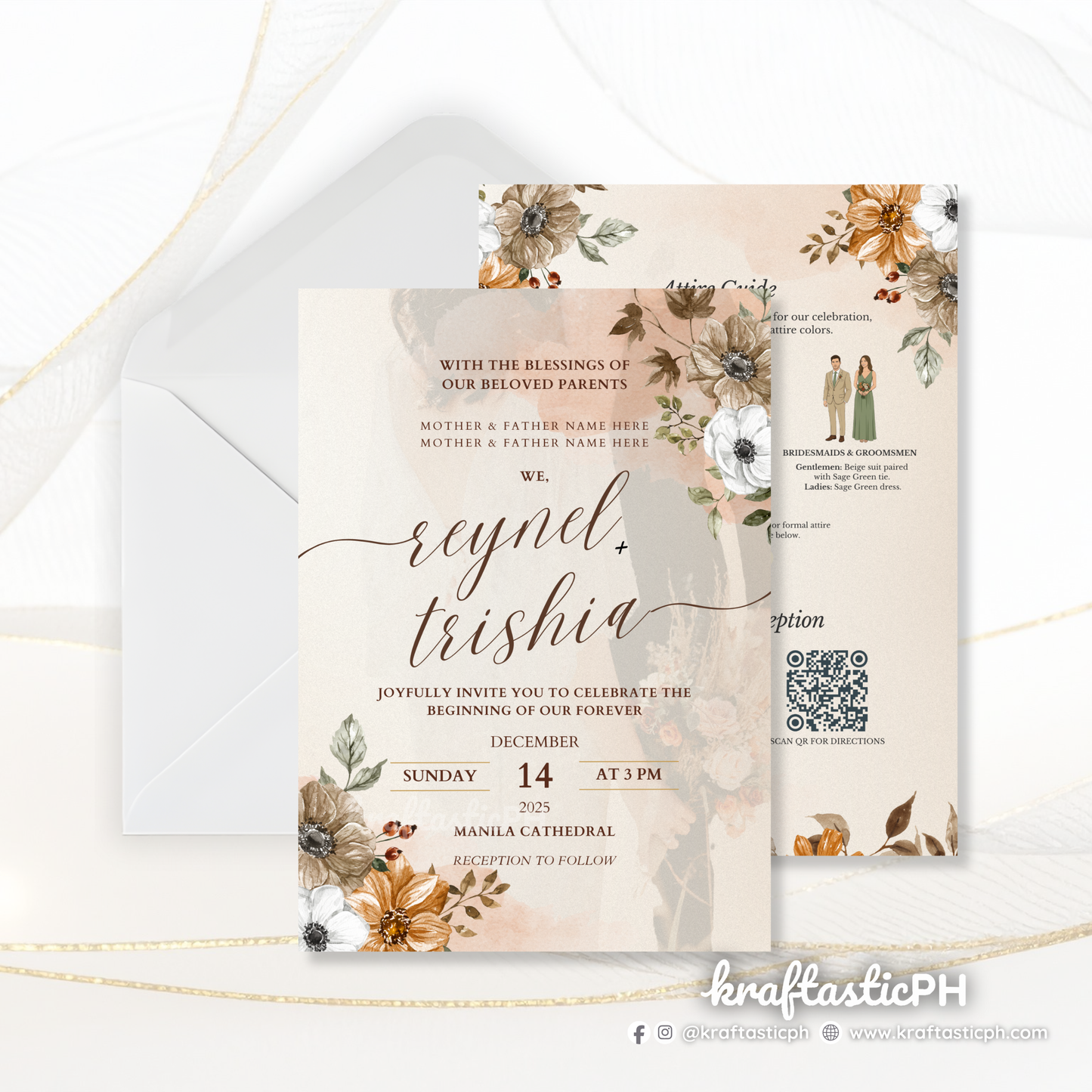Rustic Wedding Invitation Set | Brown Kraft Style & Floral Design