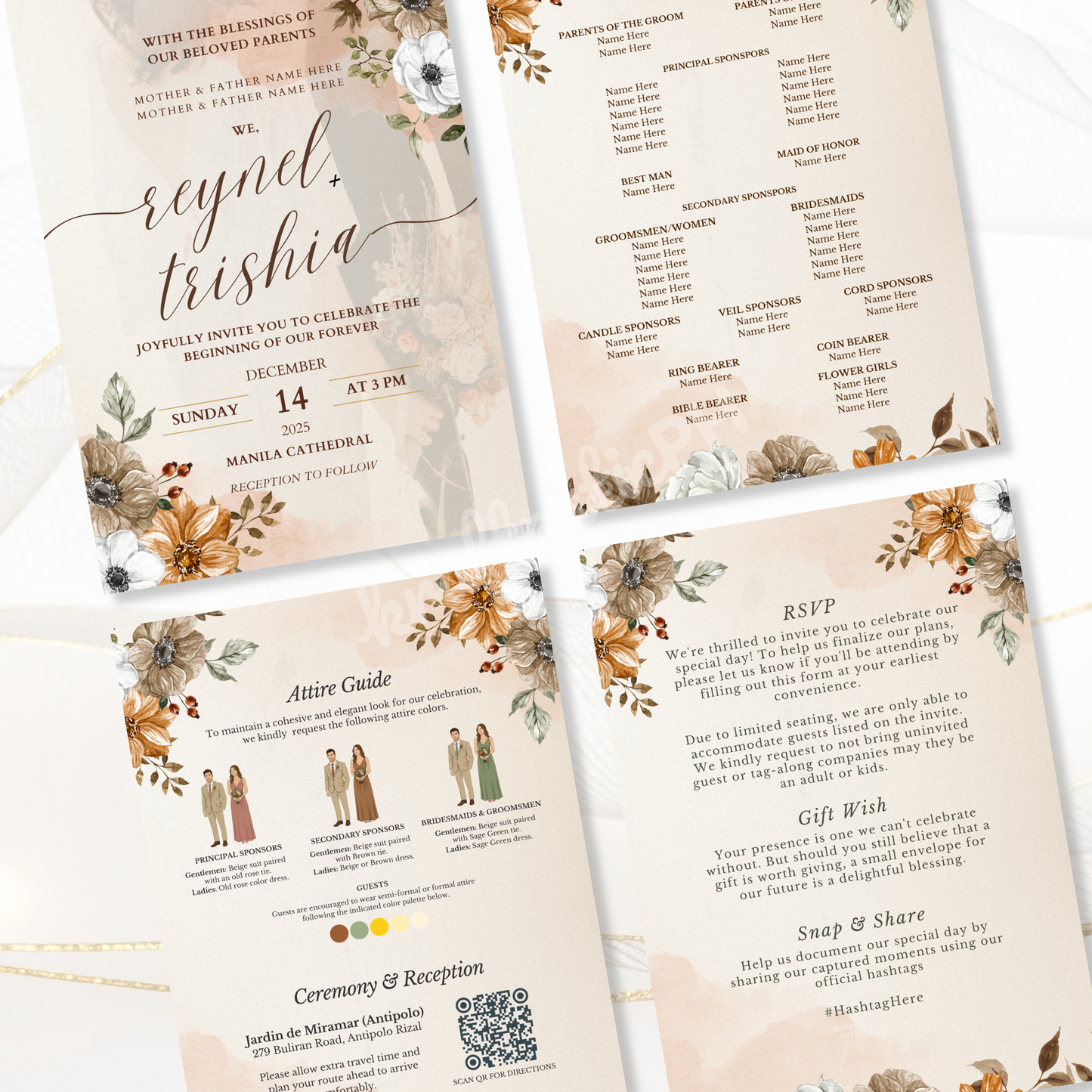 Rustic Wedding Invitation Set | Brown Kraft Style & Floral Design